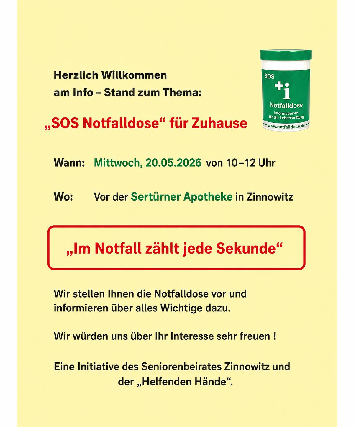 Informationsplakat zur SOS-Notfalldose mit Einladung zu einem Infostand am 20.05.2026 vor der Sertürner Apotheke in Zinnowitz. Thema der Veranstaltung ist die Notfalldose für Zuhause.